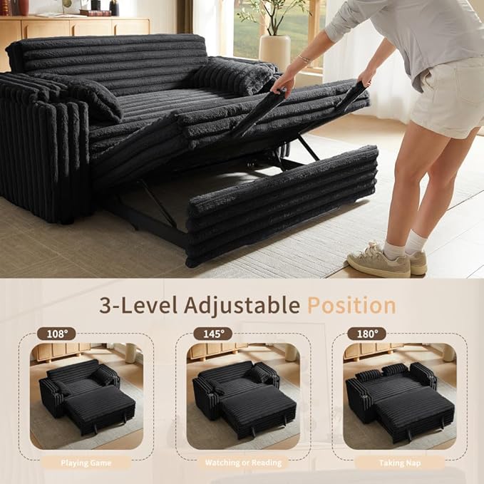 68.11" Corduroy Convertible Sofa Bed with USB Charging Port, Foldable Sleeper Chair with Pillows & Armrests, 3-in-1 Floor Couch for Living Room, Bedroom, Guest Room – Black