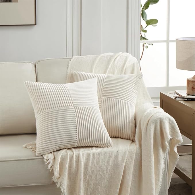 Fancy Homi 2 Packs Cream Samll Decorative Throw Pillow Covers 14x14 Inch with for Couch Bed Sofa, Rustic Farmhouse Boho Home Decor, Soft Corss Patchwork Corduroy Square Cushion Case 35x35 cm