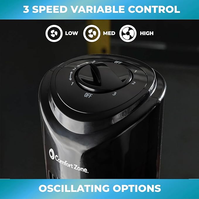 Comfort Zone 32-Inch Bladeless Tower Fan with 3 Speeds, 90° Oscillation, Portable Indoor Stand Fan with Built-In Carry Handle – Quiet Cooling for Bedroom, Black