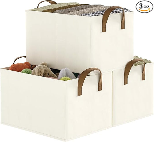 Closet Storage Bins, Fabric Closet Organizers and Storage Basket for Shelves, Collapsible Shelf Baskets for Organizing Shelves, Bedroom Clothes Basket, Beige, 3 Pack