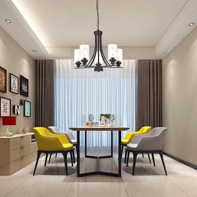 BONLICHT Rustic Kitchen Island 5-Light Oil-Rubbed Bronze Traditional Chandelier Industrial Vintage Pendant Lights Classic Glass Ceiling Lighting UL Listed