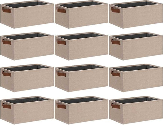 GhvyenntteS Small Fabric Storage Bins 12 Pack, 11.8" x 7.87" x 5.11" Storage Basket with Leather Handles, Closet Storage Bins for Shelves, Storage Baskets for Shelves, DVD Storage (Beige Yellow)
