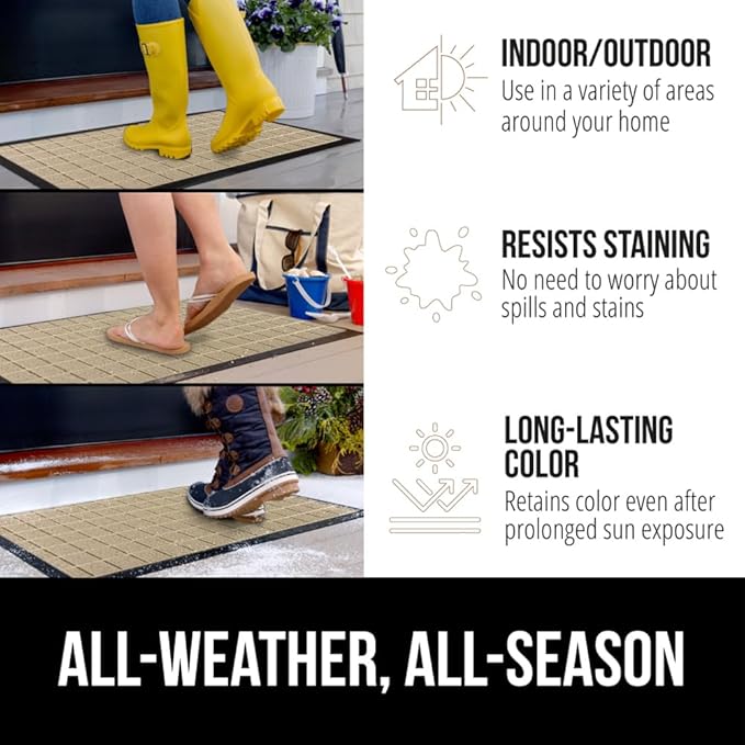 GORILLA GRIP 100% Waterproof All-Season WeatherMax Doormat US Designed Natural Rubber, Stain and Fade Resistant, Low Profile Indoor Outdoor Door Mats, Easy Clean Patio Mat, 23x35, Taupe Grid