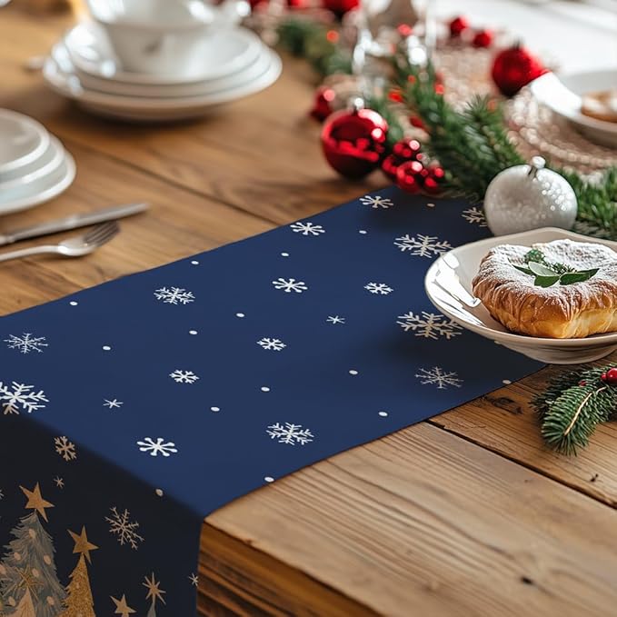 GEEORY Christmas Table Runner 13x120 Inch, Xmas Trees Snowflakes Holiday Decorative Farmhouse Table Decoration for Kitchen Dinning, Indoor Outdoor Dinner Party Decor (Blue) GT151-120N
