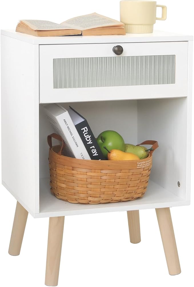 AWASEN White Night Stand, Modern Bedside Table with Glass Storage Drawer and Large Open Shelf, Wood Nightstand Side End Table with Solid Wood Legs for Bedroom, and Small Space, White