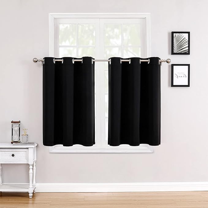 ChrisDowa Small Window Curtains for Kitchen and Bedroom - Grommet Short Thermal Insulated Room Darkening Curtains (2 Panels, Black, 42 x 36 Inch)