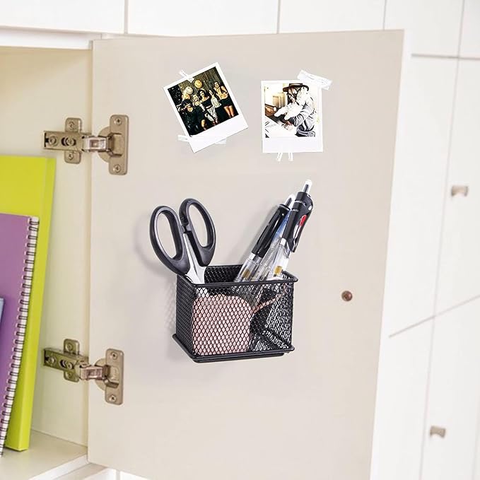 dedoot 4 Pack Magnetic Pen Holder, 3.45x2.3x2.6inch Magnetic Basket Locker Organizer Metal Mesh Pencil Memo Holder for Whiteboard, Fridge, Desk, Offices