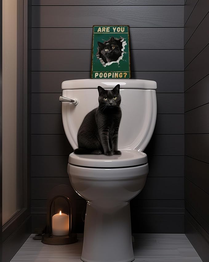 ALKB Are You Pooping Signs Funny Black Cat Sign for Bathroom Wall Decor, Vintage Cat Gift 8 x 12 Inch