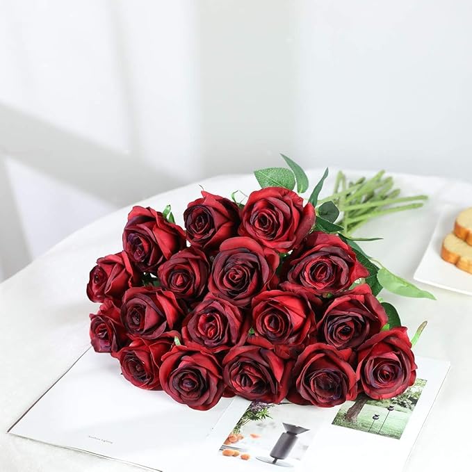 Burgundy Fake Roses Artificial Flowers - 16 Pcs Fake Artificial Roses Silk Flowers with Stems for Home Wedding Hotel Office Centerpiece Decor（Burgundy）