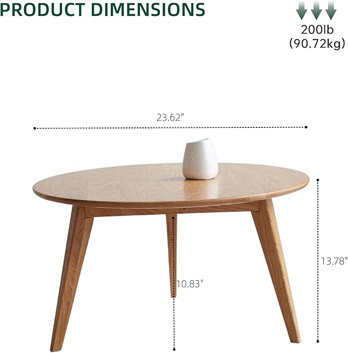 100% Solid Oak Wood Mini Coffee Table, Round Living Room Table Side Table w/Solid Wood Legs, Walnut Mid Century Sturdy Tables for Bedroom Balcony Living Room (23.62" D x 13.78" H)