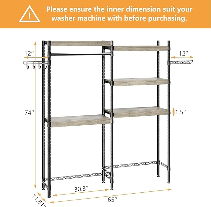 CABIHOME 5-Tier Over-The-Washer Shelf - Adjustable Height Laundry Organizer Space Saver, Double-Layer 100lb Shelves, 2 Hooks for Bathroom/Balcony (Grey & Black)