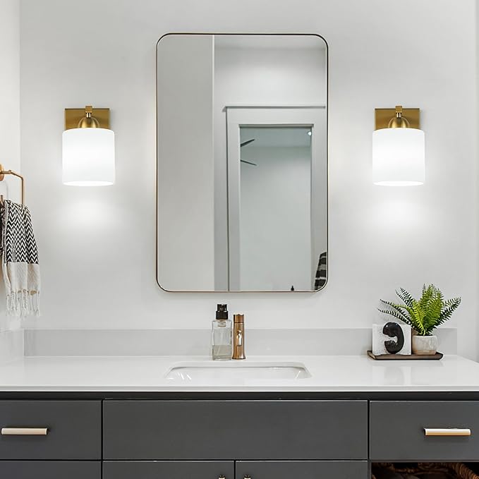 Gold Milk Glass Wall Sconces, 1 Pack Hardwired Indoor Wall Light Fixtures for Living Room, Hallway, Bedroom, Ceramic E26 Sockets (Bulbs Not Included)