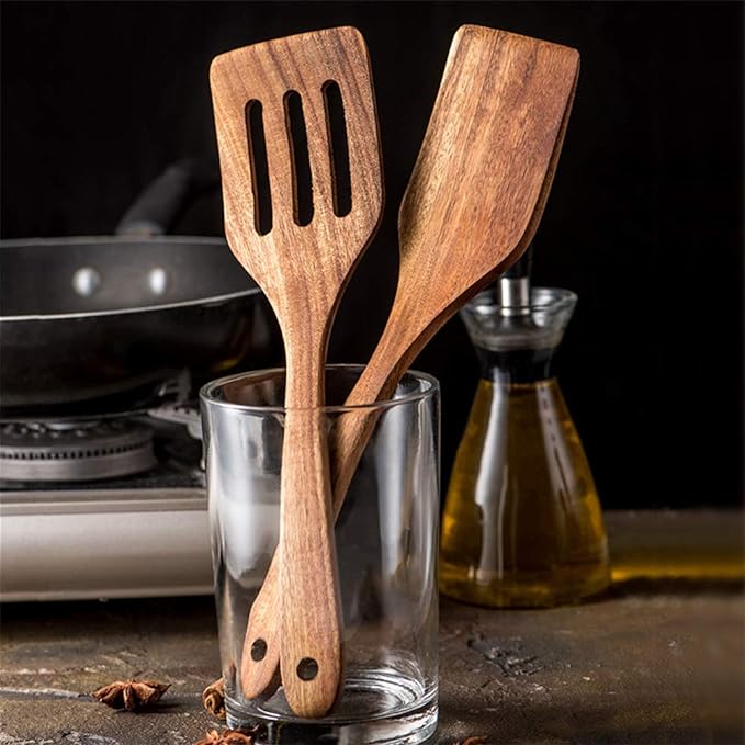 7 Pcs Acacia Wood Cooking Utensils Set Large Wooden Spoons for Cooking Spatula Salad Mixing Spoon Non Toxic Utensil for Kitchen Use Spatulas Non Stick Turner Slotted Serving Spoon Kitchen Utensils