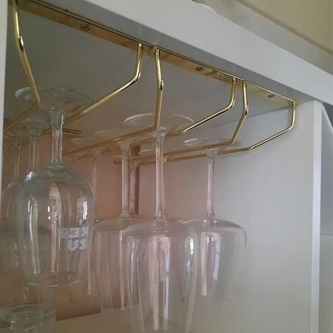 14-Inch Gold Wine Glass Rack, Under Cabinet Wine Glass Holder Stainless Steel Stemware Rack - Hanging Stemware Holder for Cabinet Kitchen Bar, Set of 4