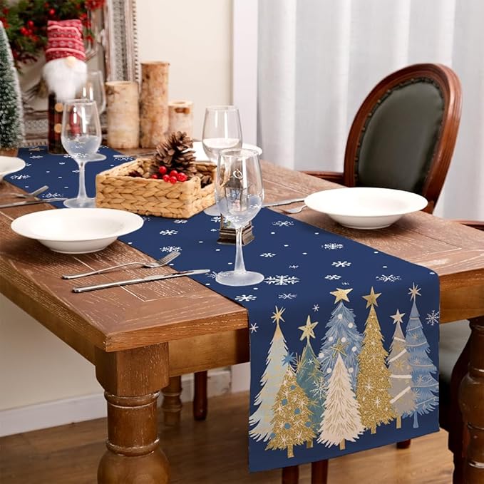 GEEORY Christmas Table Runner 13x60 Inch, Xmas Trees Snowflakes Holiday Decorative Farmhouse Table Decoration for Kitchen Dinning, Indoor Outdoor Dinner Party Decor (Blue) GT151-60
