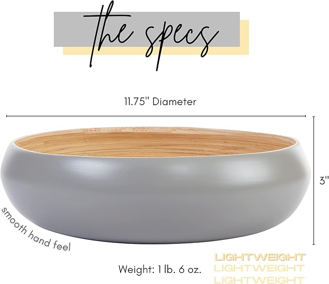Fruit Bowl For Kitchen Counter, Decorative Bowl, Large Serving Bowl Or Fruit Basket For Kitchen Decor Spun Bamboo (Gray)