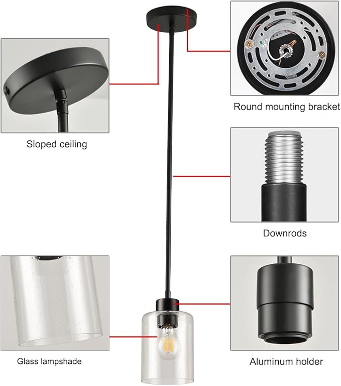 Black Pendant Lights Kitchen Island - Seeded Glass Pendant Light Fixture Multiple Stems Rods 3 Units 12 Inch 3 Units 4 Inch (2 Pack Black Seeded Downrod)