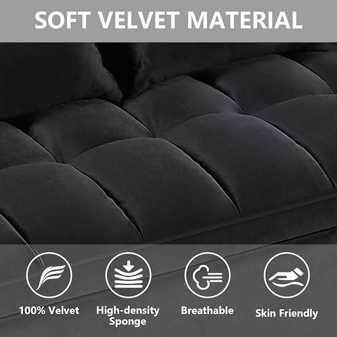 3 in 1 Convertible Sleeper Sofa Bed,Futon Loveseat Couch with Pull-Out Bed & Adjustable Backrest,Velvet Fabric Sofa with Side Pocket for Small Apartment, Living Room, Office (Black)