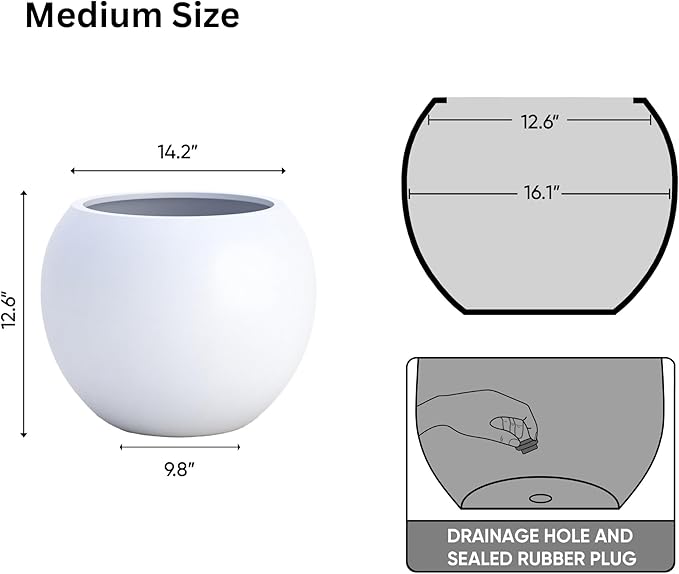 DTY Signature Mount Sherman Lightweight Durable Modern Fiberstone Sphere Planter for Indoor & Outdoor Drainage Hole & Rubber Plug Weather Resistant, 13.5" H x 17" Dia, 12" Opening - Medium, White