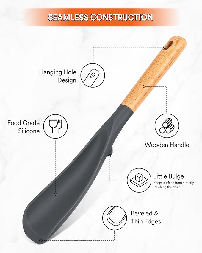 Cooking Spoon for Nonstick Cookwares, Great for Cooking and Serving Sturdy BPA-Free Matte Silicone, Wood Handle Spoon for Mixing, Scoop, and Scrape (2 Pack of Grey, 11.4 inch)