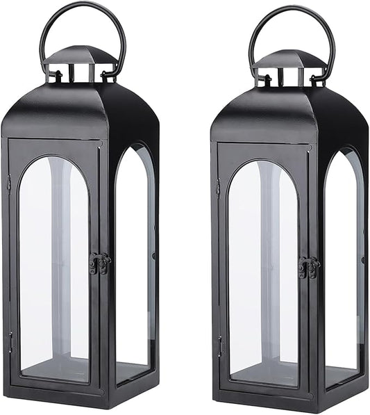 Bdor 2 Pack Large Luxury Lantern Decorative Tall 20 Inches Black Metal Hurricane Lanterns with Tempered Glass Panels for Front Porch,Tabletop, Mantle, Wall Hanging, or Garden, Indoor & Outdoor Décor