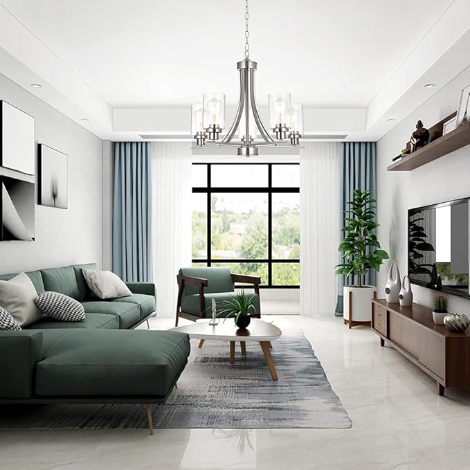 BONLICHT Traditional Chandelier Lighting 5 Light Brushed Nickel Modern Light Fixtures Hanging Pendant Lighting with Clear Glass Shade Classic Ceiling Lights for Kitchen Dining Room Living Room Island
