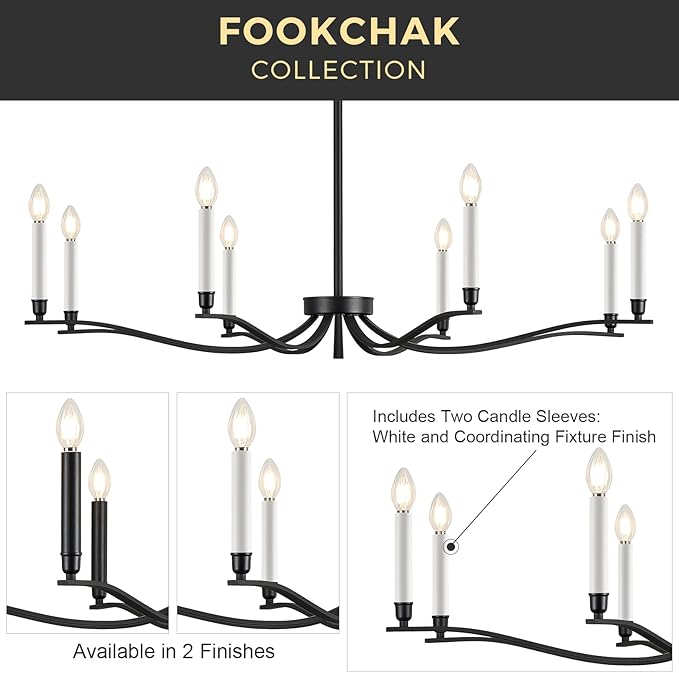 Black Chandelier, Modern Dining Room Light Fixture 8 Light Candle Chandelier Over Table 44in Metal Chandeliers Lighting for Living Room Entry Master Bedroom Bathtub Kitchen