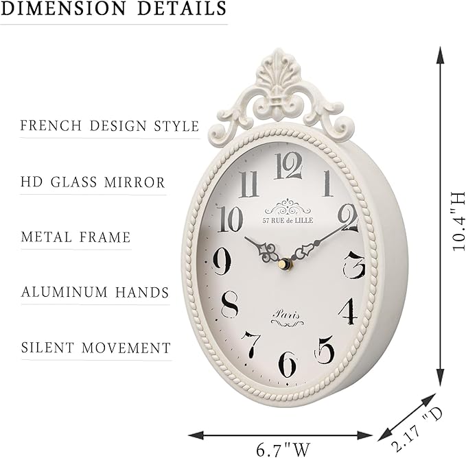 Abdurey Small French Retro Decorative Wall Clock, Ivory White Vintage Oval Style,Silent Battery Operated Boho Decor Wall Clocks for Farmhouse,Kitchen,Bedroom,Bathroom(10.4" H x 6.7" W)