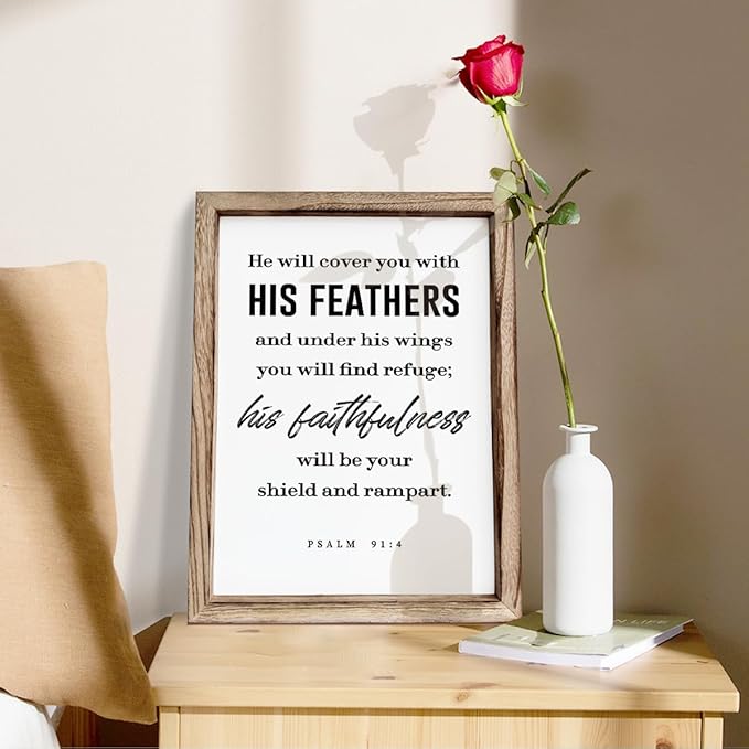 Christian Decor Signs, Framed Wall Plaque Sign 15 * 11.5 inches, Religious Home Decor, Inspirational Christian Gift for Him, He will Cover You with His Feathers Sign
