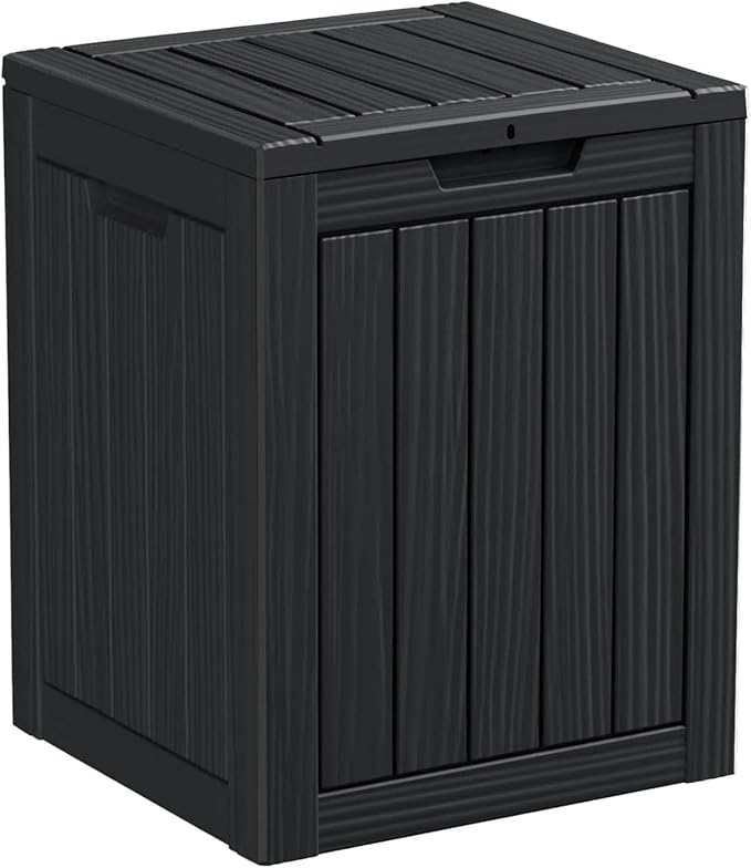 28 Gallon Outdoor Storage Box, Waterproof Durable Resin Deck Box for Indoor & Outdoor Use, Lockable Outdoor Bench, Deck Bin for Patio Furniture, Deliveries, Pool Supplies, Black