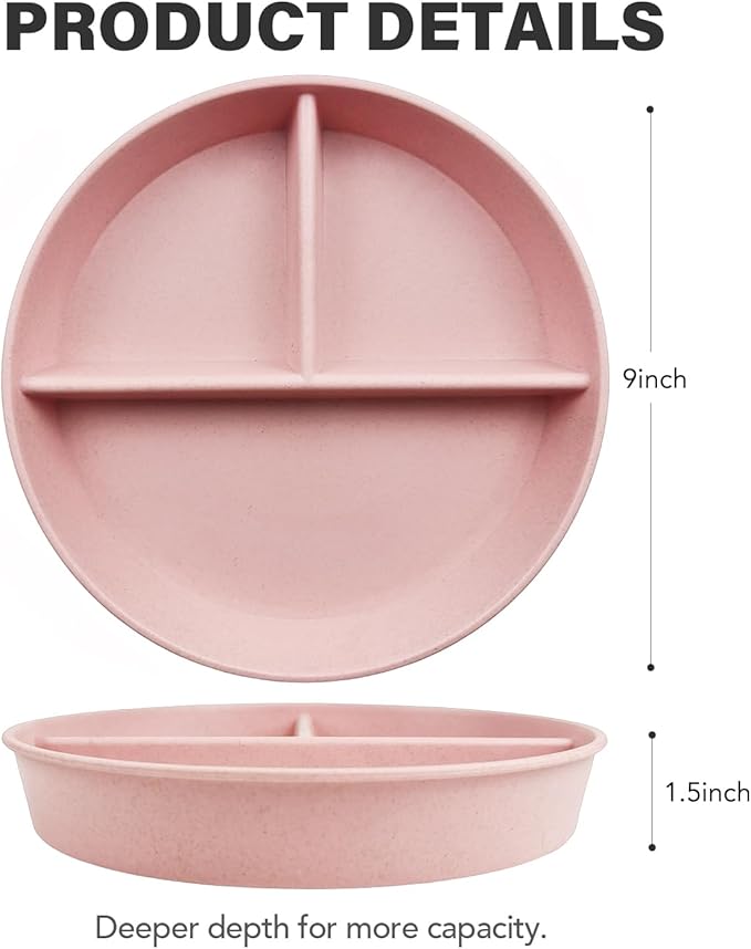 greenandlife 9 Inch 4PCS Divided Plates with Lids, Portion Control Plates for Kids Adults, Dishwasher Microwave Safe Compartment Plate, Unbreakable Lightweight Reusable Wheat Straw Plate Set, INS