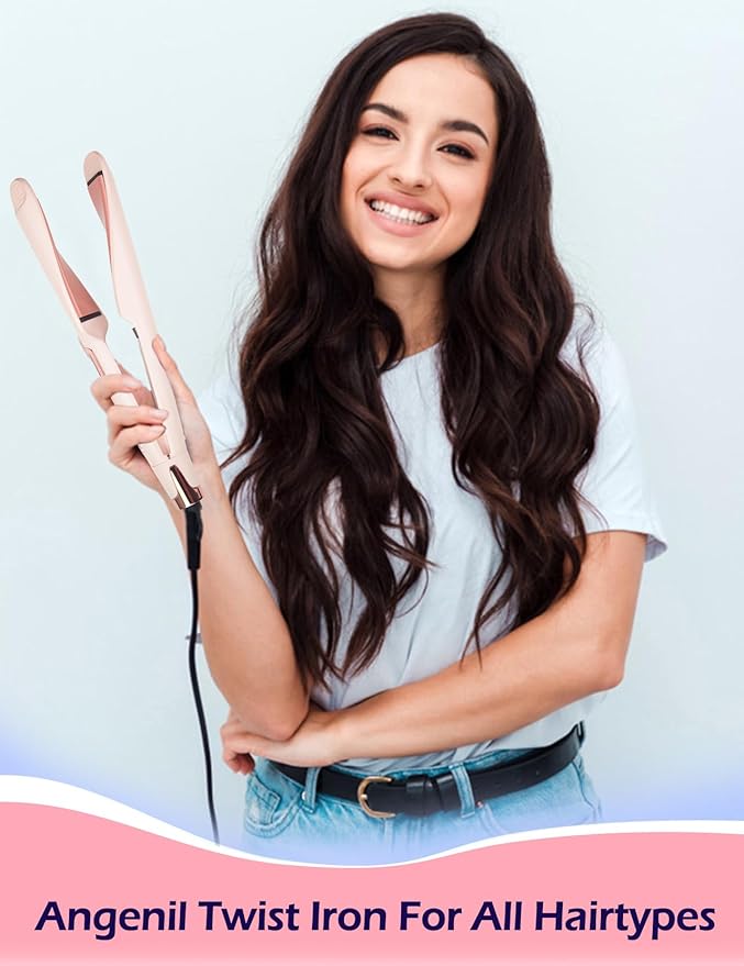 ANGENIL Pro Twist Flat Iron Hair Straightener, 2 in 1 Straightener and Curling Iron for Women, Round Pink Dual Voltage Hair Straightener with Silicone Heat Resistant Mat, 20s Fast Heating, LCD Display