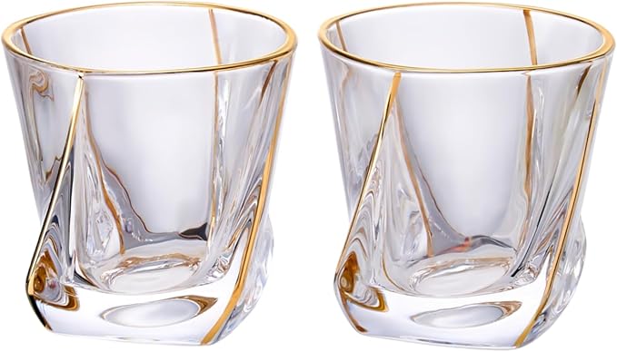 Crystal Whiskey Glasses Set of 2 with 24K Gold Rim,Bar Glasses,Twisted Whiskey Glass Gold Collection for Bourbon,Scotch and Wine,Rock Barware for Men Gift - 8oz