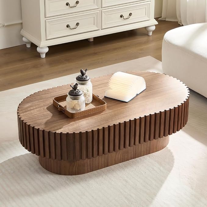 43.7" Oval Coffee Table for Living Room,Modern Handcraft Drum Coffee TableSmall Wooden Coffee Table with Sturdy Pedestal Easy Assembly for Office-Walnut