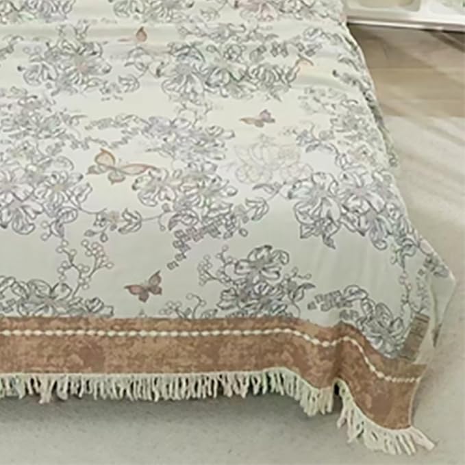 Boho Muslin Blanket for Adults 4-Layer Gauze Twin Size Soft Cozy 100% Cotton Summer Cooling Blanket Floral Decor for Sofa Bed Coverlet Both Sides (Tassels Floral Tan, 80 x 90 in)