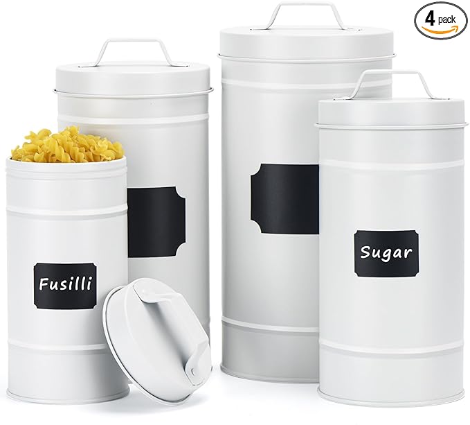Farmhouse Canister Set for Kitchen Countertop, Airtight Nesting Kitchen Canisters Set of 4, Mental Flour Sugar Coffee Tea Storage Canister Jars, Vintage Country Design, White