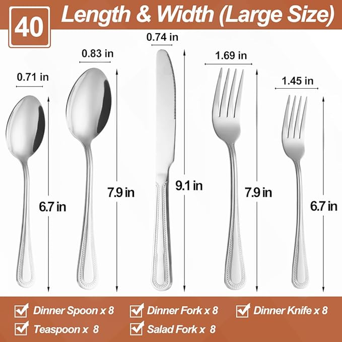 40 Pcs Silverware Set for 8 with Pearled Edge Handle design, Food Grade Stainless Steel Flatware Set, Eating Utensils Sets Include Fork/Knife/Spoon, Reusable Cutlery Set, Dishwasher Safe