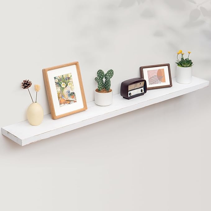 Floating Shelves for Wall, Rustic Elm Wood 56'' W x 8" D Wall Shelf with Invisible Bracket, Large Long Wall Mounted Storage Shelves for Living Room, Bedroom, Kitchen, Bathroom Decor, White Wash