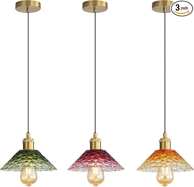 3-Pack Pendant Lights, Modern Glass Ceiling Hanging Light Fixtures,Adjustable Three Color Glass Shades Vintage Gold Chandeliers for Kitchen Island Dining Room Livingroom Entryway Farmhouse Bar