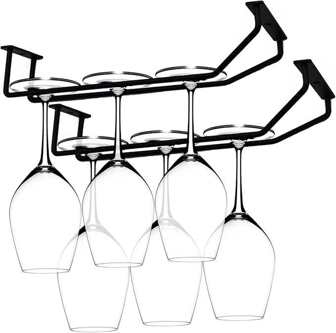 10.8 Inch Black Wine Glass Rack, Under Cabinet Wine Glass Holder Stainless Steel Stemware Rack - Hanging Stemware Holder for Cabinet Kitchen Bar, Set of 2