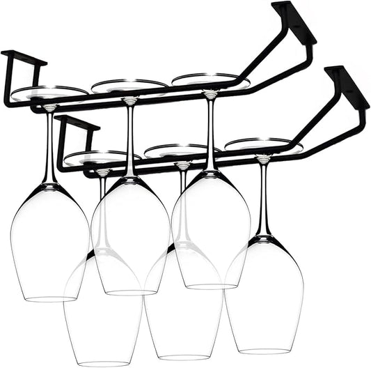 10.8 Inch Black Wine Glass Rack, Under Cabinet Wine Glass Holder Stainless Steel Stemware Rack - Hanging Stemware Holder for Cabinet Kitchen Bar, Set of 2