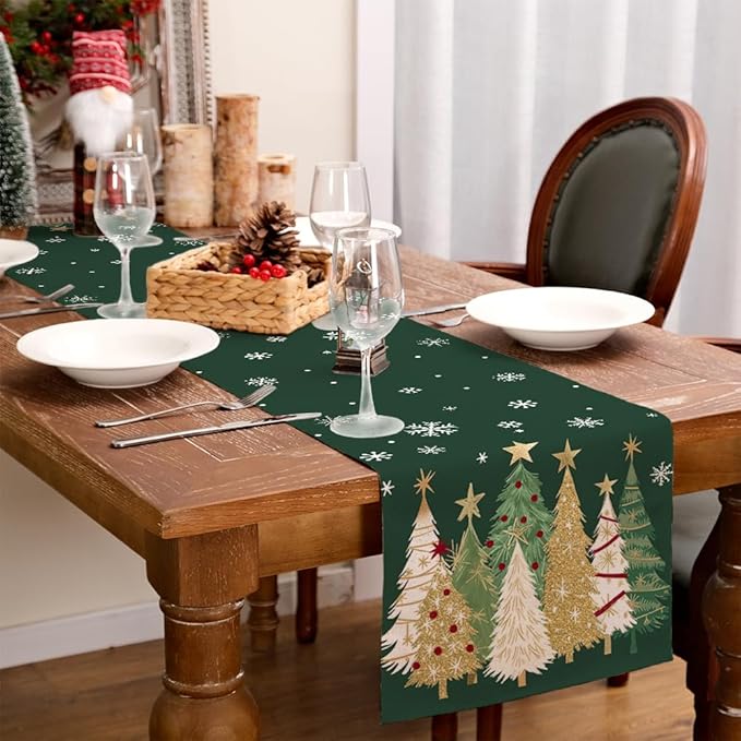 GEEORY Christmas Table Runner 13x48 Inch, Xmas Trees Snowflakes Holiday Decorative Farmhouse Table Decoration for Kitchen Dinning, Indoor Outdoor Dinner Party Decor (Green) GT152-48