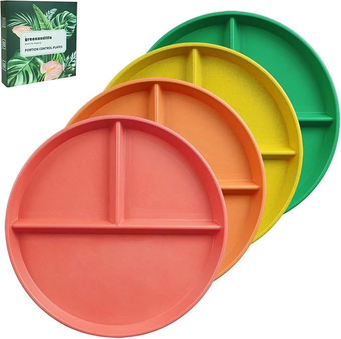 greenandlife 9 Inch 4PCS Unbreakable Portion Control Plates, Divided Plates for Kids Adults, Dishwasher & Microwave Safe Compartment Plate, Lightweight Reusable Wheat Straw Plate, BPA Free