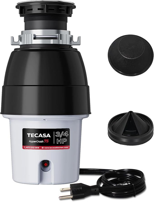 3/4 HP Corded Garbage Disposal for Kitchen Sinks, TECASA Continuous Feed Food Waste Disposer, Sound Reduction, Power Cord Included, Grey and Black - HyperCrush 75
