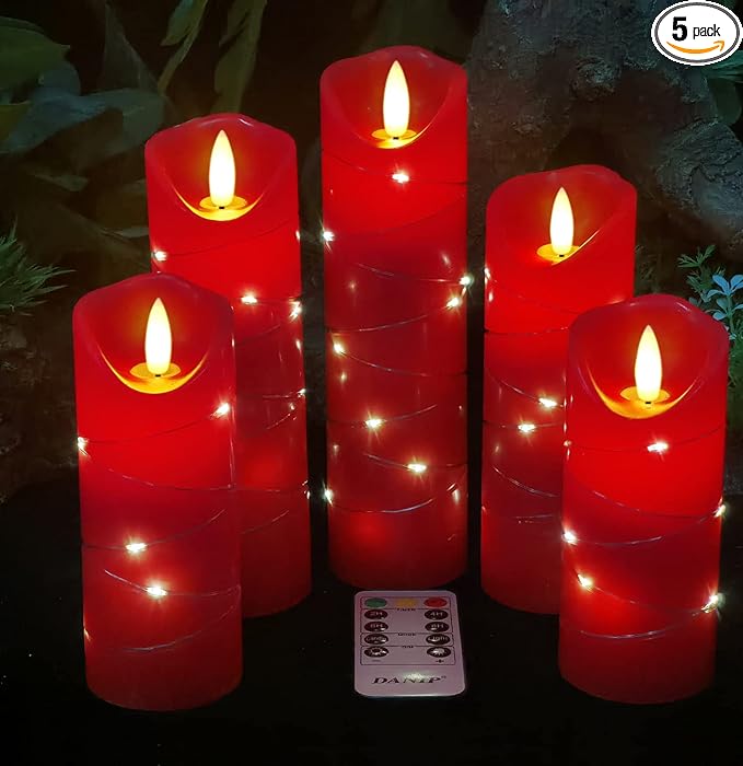 DANIP Red LED Flameless Candle with Embedded Star String, 5Piece LED Candle with 11 Button Remote Control, 24 Hours Timer Function, Dancing Flame, Real Wax, Battery Powered.