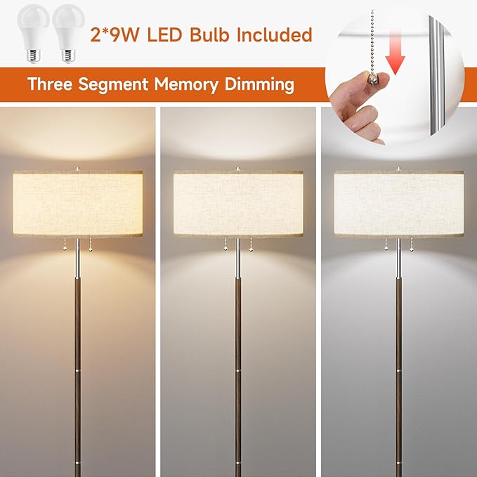 2-Light Floor Lamp, Mid Century Floor Lamp with Beige Lampshade, Standing Lamp Tall Lamp for Living Room Bedroom, 3 Color Temperatures 9W Bulb Include