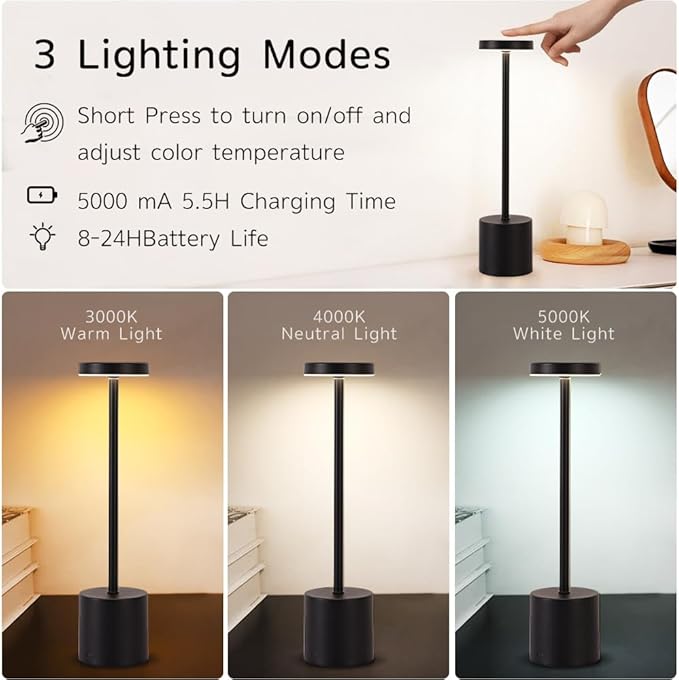 Cordless Table Lamp, 5000mAh Rechargeable Battery Powered LED Desk Lamp, Portable Touch Control Outdoor Table Lamps,3 Color Dimmable Light for Restaurant, Patio, Bedroom, Night Lamp (Black)