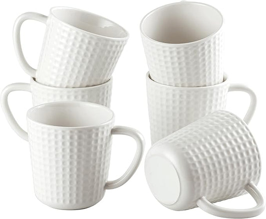 Ceramic Coffee Mugs 15 oz, Large Waffle Embossed Mug Set, Coffee Cups for Latte, Cappuccino, Cocoa, Hot Tea, Mocha, Milk, Housewarming Wedding Present, Microwave & Dishwasher Safe - Set of 6 (White)