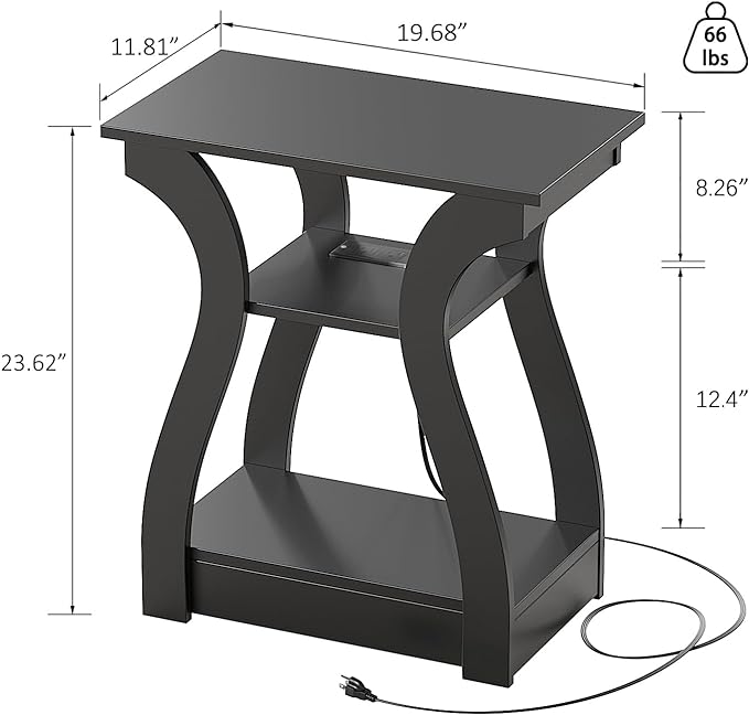 End Table with Charging Station, Side Table with USB Ports and Outlets, Nightstand, 3 Tier End Table with Storage Shelf for Living Room, Bedroom (Black)