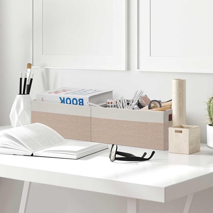 GhvyenntteS Small Fabric Storage Bins 6 Pack, 11.8" x 7.87" x 5.11" Storage Basket with Leather Handles, Closet Storage Bins for Shelves, Storage Baskets for Shelves, DVD Storage (Pink/White)